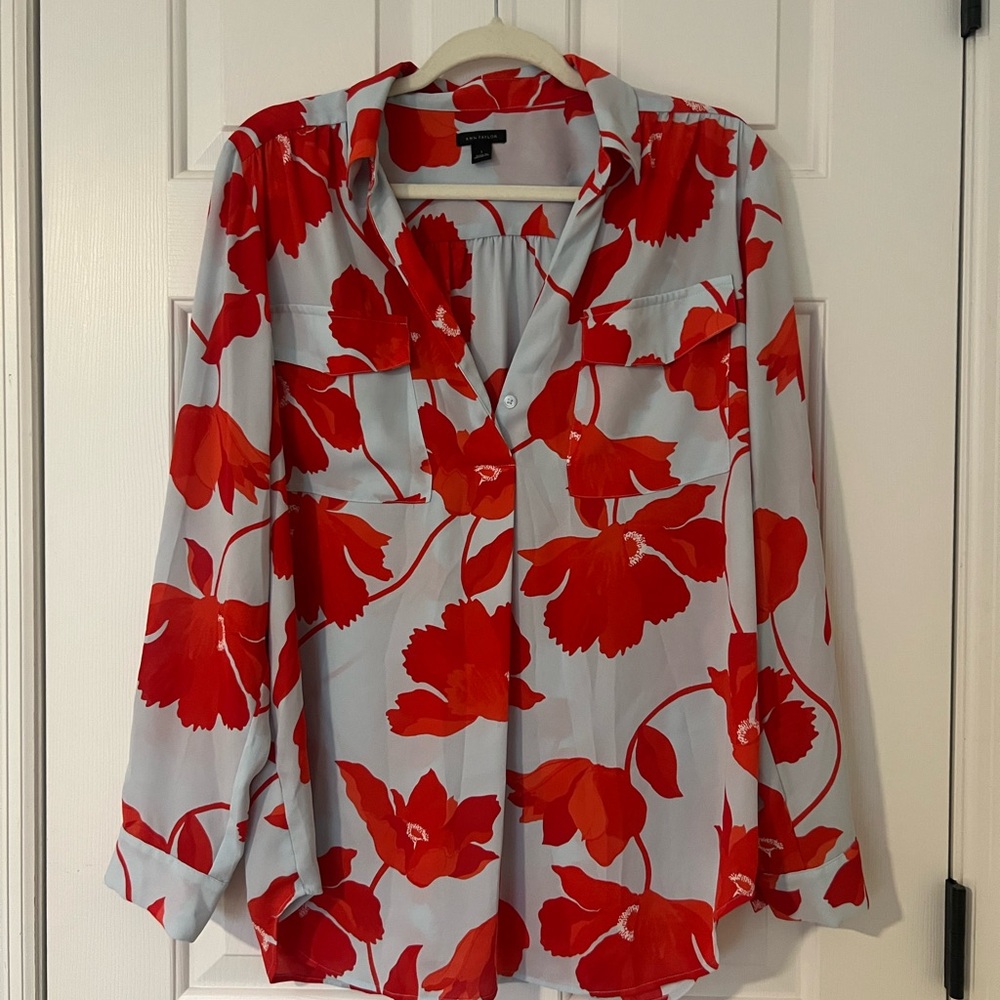 Ann Taylor Red Floral Button Down Shirt